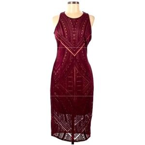 Women’s Maroon Red Cutout Geometric Aztec Boho Cocktail Party Midi Dress Size…